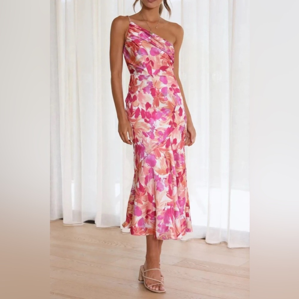 Ruched Printed Single Shoulder MIDI Dress